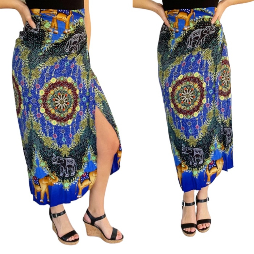 Handmade boho blue floral elephant print wrap skirt size large